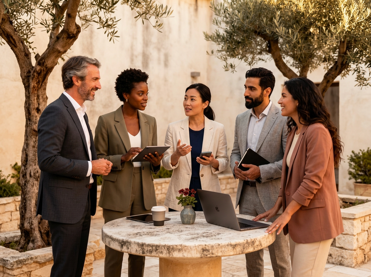Cercle d'entrepreneurs en conversation dans une cour méditerranéenne